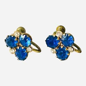 Vintage Coro Blue and Clear Rhinestones Cluster Screw Back Earrings Mid Century